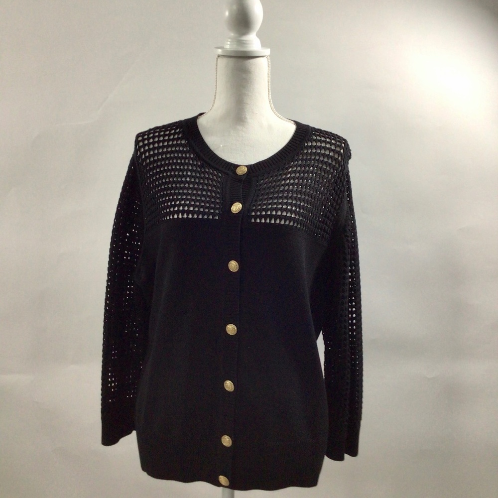 St. John Black Knit Mesh Detail Open Front Cardigan Luxury Size L